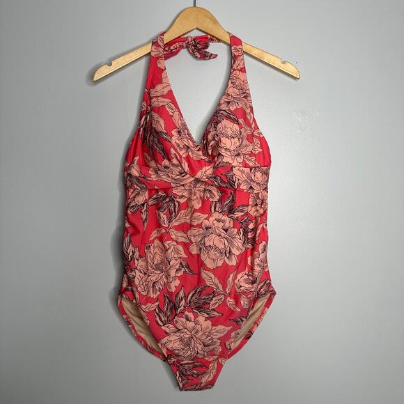 Isabel Maternity Floral Halter One Piece Swimsuit Coral Pink Peony Print L - Picture 1 of 8